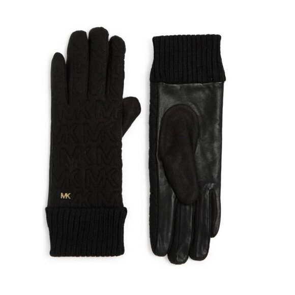 Michael Kors Logo Womens Black Quilted Knit Leather Trim Gloves Sz M New - Picture 1 of 6